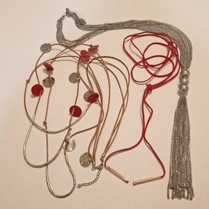 #1031. 3 Piece Red, Silver And Tan Multi Layer And Tassel Necklace Bundle